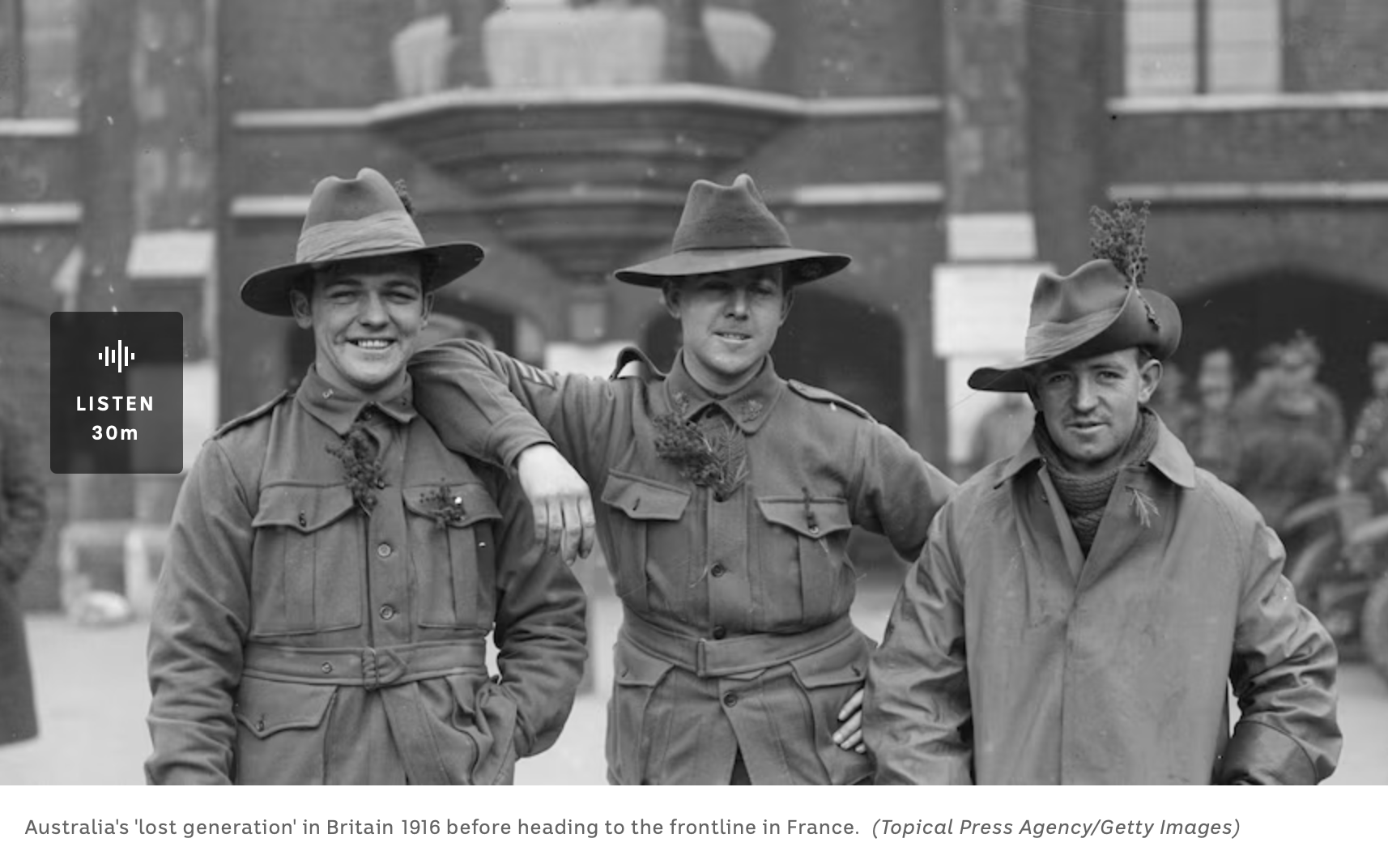 Image of 3 men in uniform - Australia's 'lost generation' in Britain 1916 before heading to the frontline in France